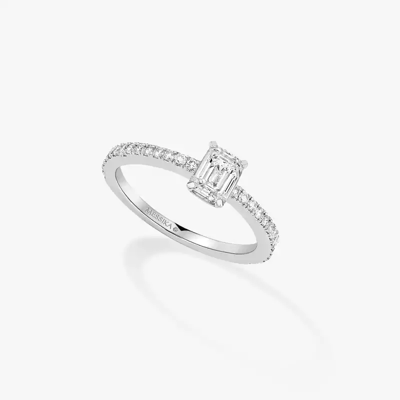 Ring For Her White Gold Diamond Solitaire Emeraude Pavé 08010-WG