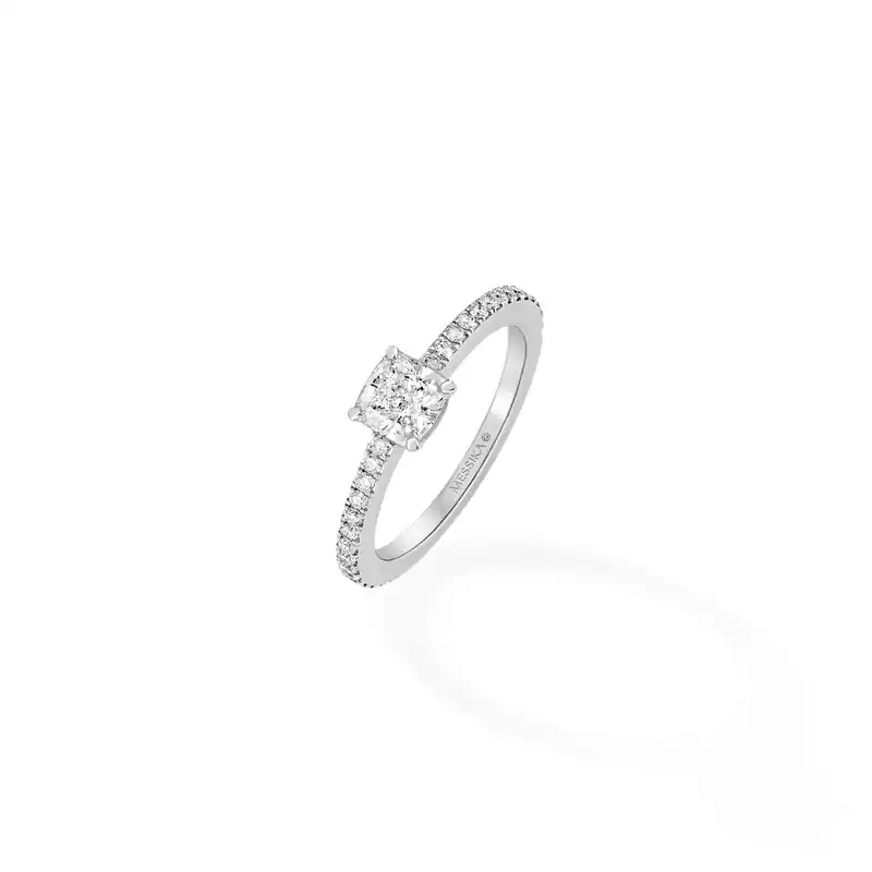 Ring For Her White Gold Diamond Solitaire Coussin Pavé 08006-WG